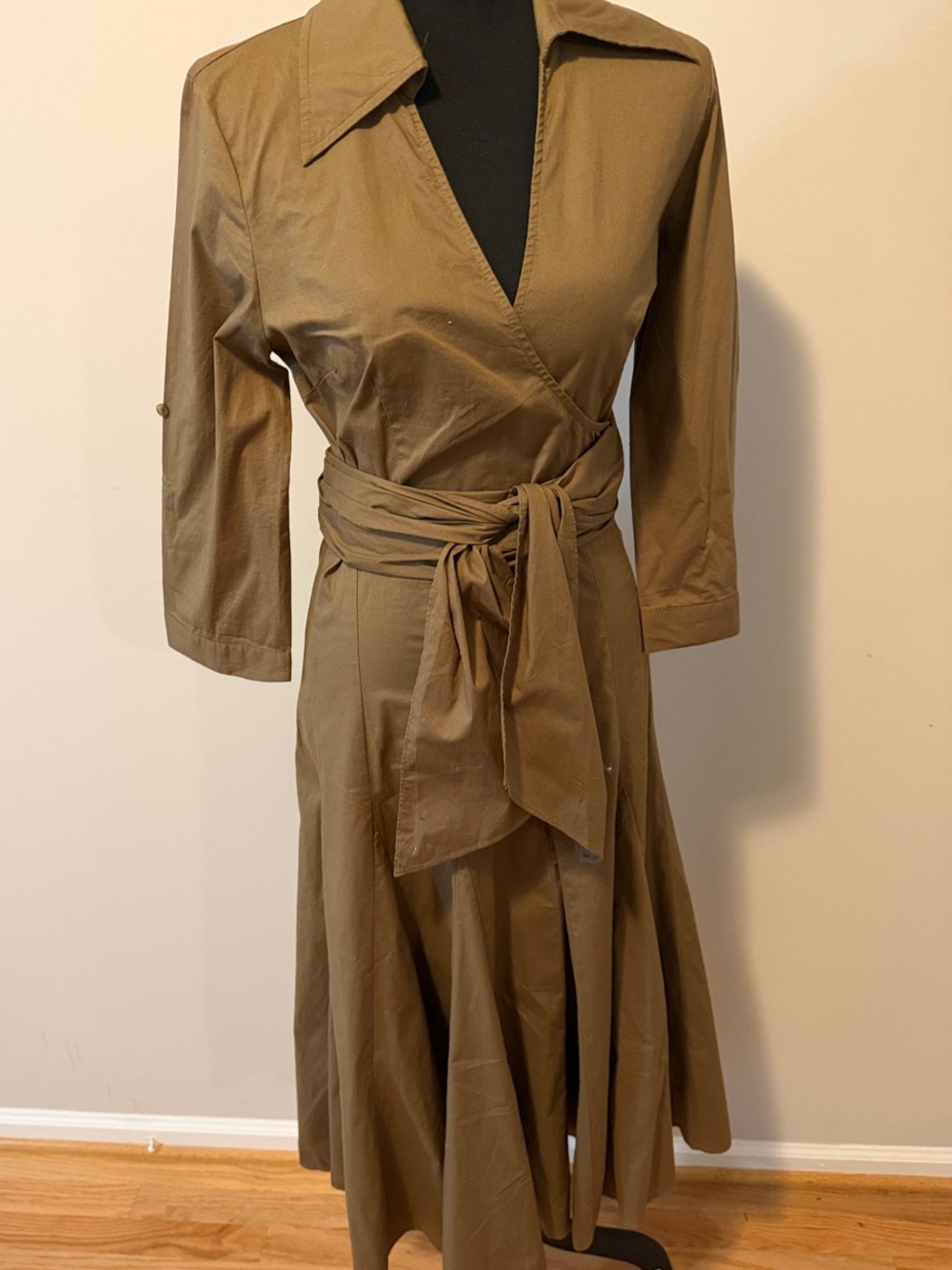 Double Zero Olive Midi Wrap Dress with Waist Sash
